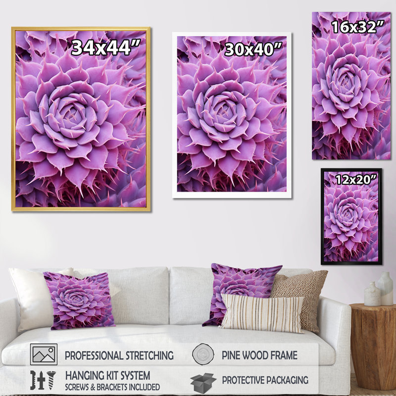 Cactus Mauve Majesty sur toile, Cadre flottant noir, H 20 po x l 12 po x P 1 po