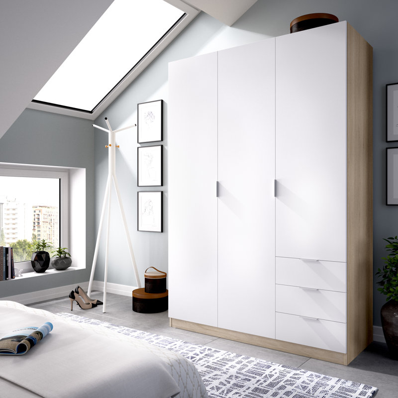 Alaziah 3 Door Manufactured Wood Wardrobe, Natural Oak/White