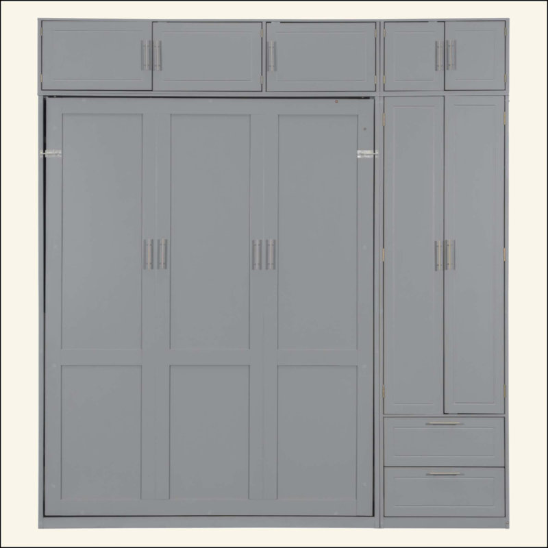 Lit escamotable mural avec armoire supérieure, tablettes et garde-robe pour des solutions de rangement efficaces et peu encombrantes