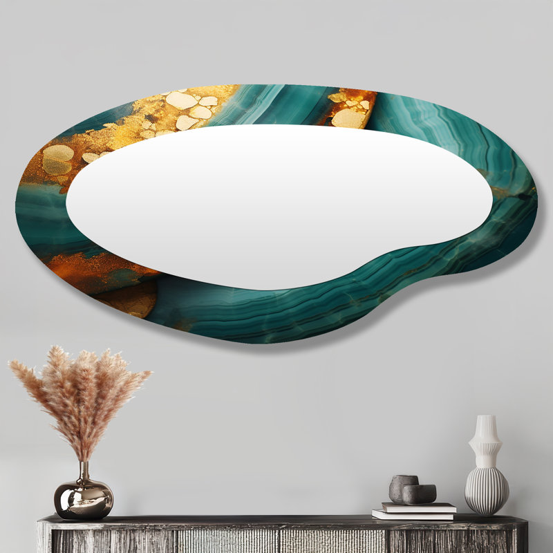 Agate Indigo Gold Waves - Grand miroir mural asymétrique moderne en marbre abstrait
