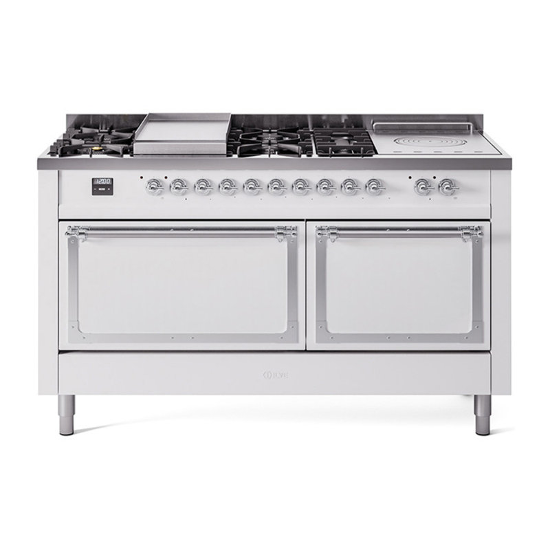 ILVE Nostalgie II Noblesse 60 in Dual Fuel Range 7 Burner, Griddle, Frenchtop, White/Chrome, Natural Gas