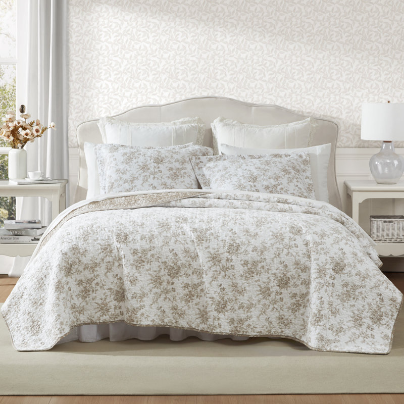 Ensemble de courtepointe réversible en coton Laura Ashley, Courtepointe très grand + 2 taies décoratives, Brun
