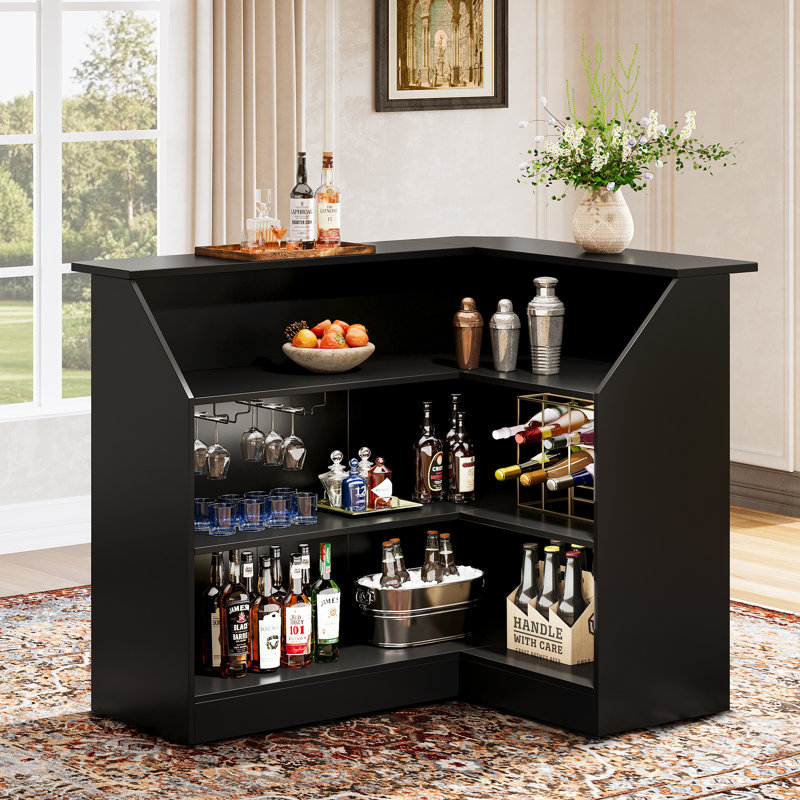 Burnes L-Shaped 4-Tier Wood Bar Cabinet with Stemware Racks, Black