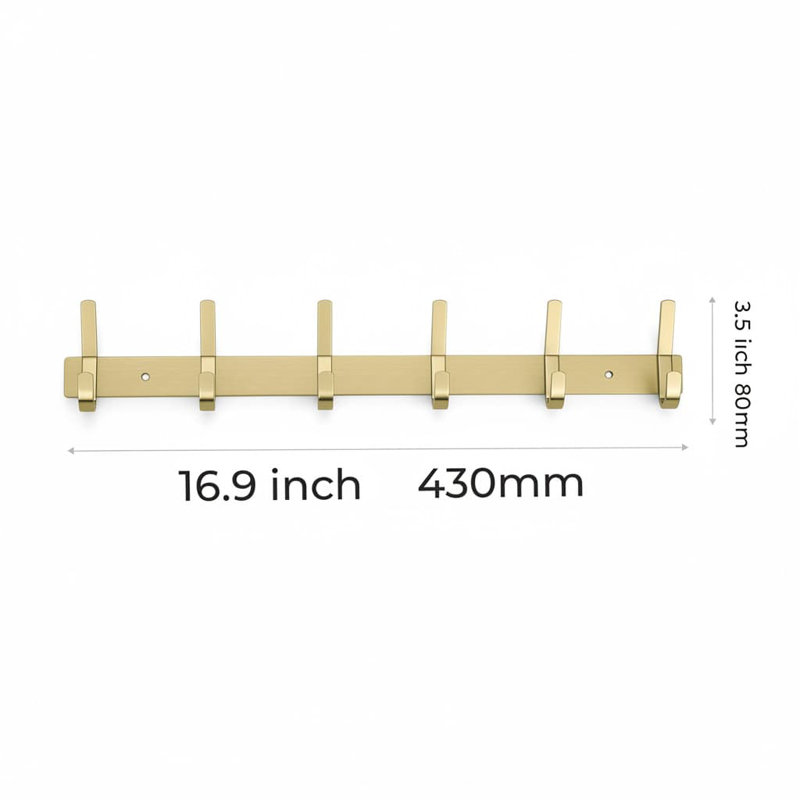17" Brushed Gold Stainless Steel Coat Rack - 6 Double Hooks | Entryway Bathroom Home Organizer, Gold