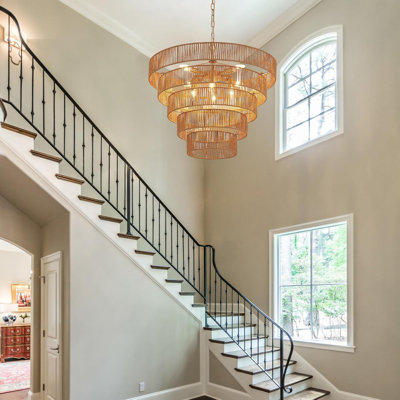 Large 8-Light Rattan Chandelier With Hand-Woven Bamboo Drum Design, Vintage Farmhouse Boho Ceiling Light Fixture For Dining Room, Kitchen, Living Room, Bedroom