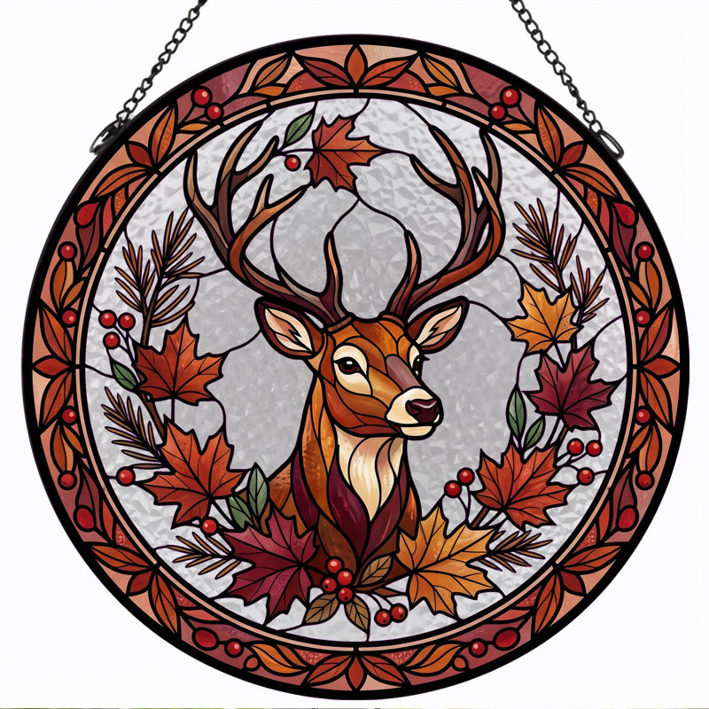 Panneau de vitrail Autumn Deer, 7,8 heures, H 7,8 po