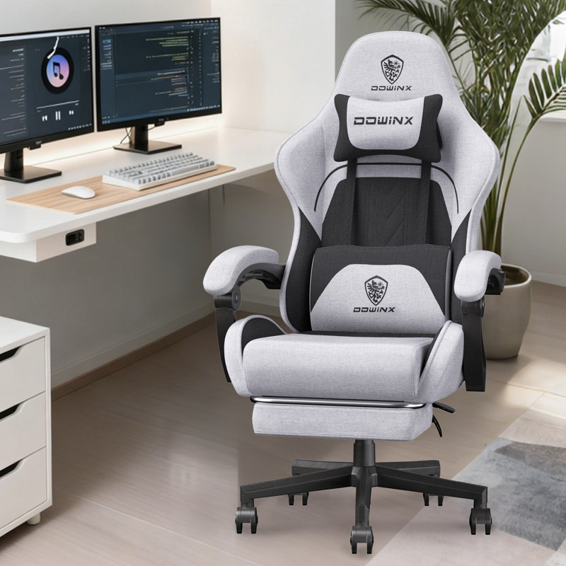 Fabric Big and Tall Gaming Chair, Ergonomic High Back Design with Pocket Spring Cushion, Adjustable Headrest and Retractable Footrest for Office and Gaming, 350LBS