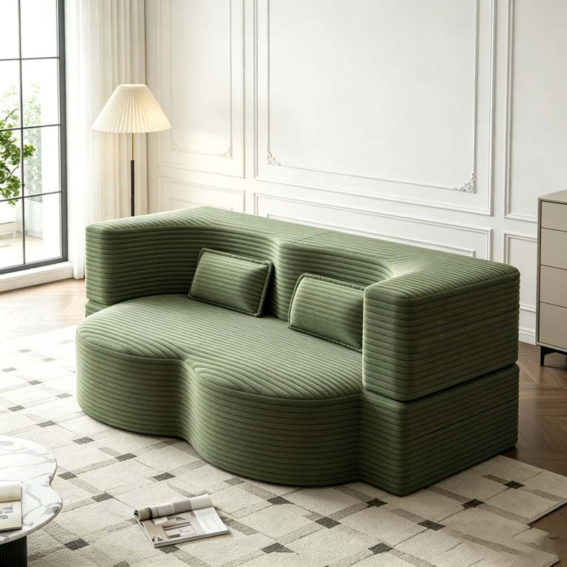 Modern Floor Sofa with 2 Pillows, Green, Corduroy