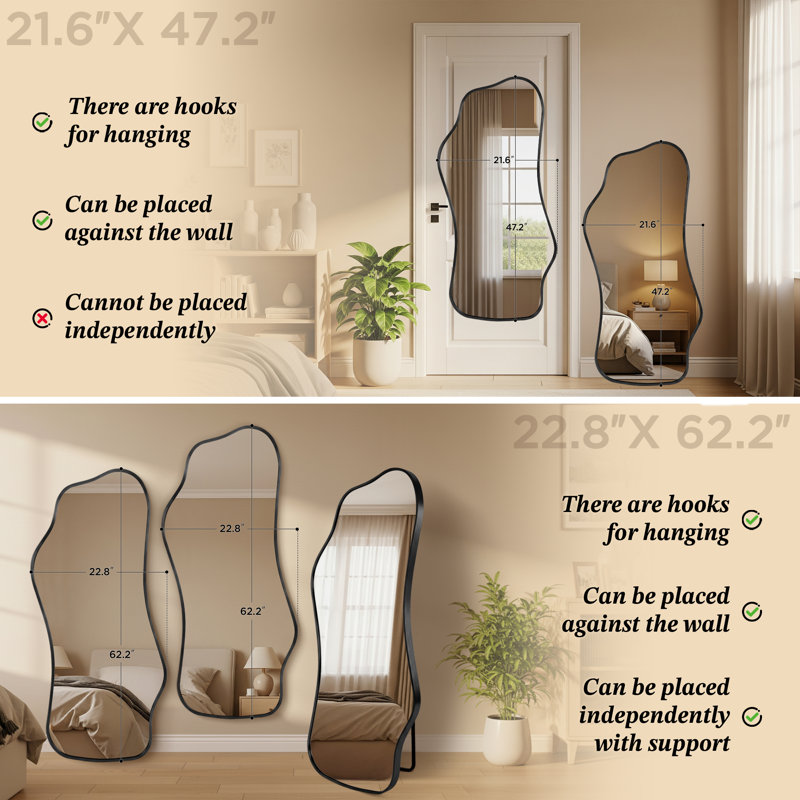 Modern Irregular Full-length Mirror With Aluminum Frame, Wall-mounted Or Free-standing Design, Black, 47.2" x 21.6"