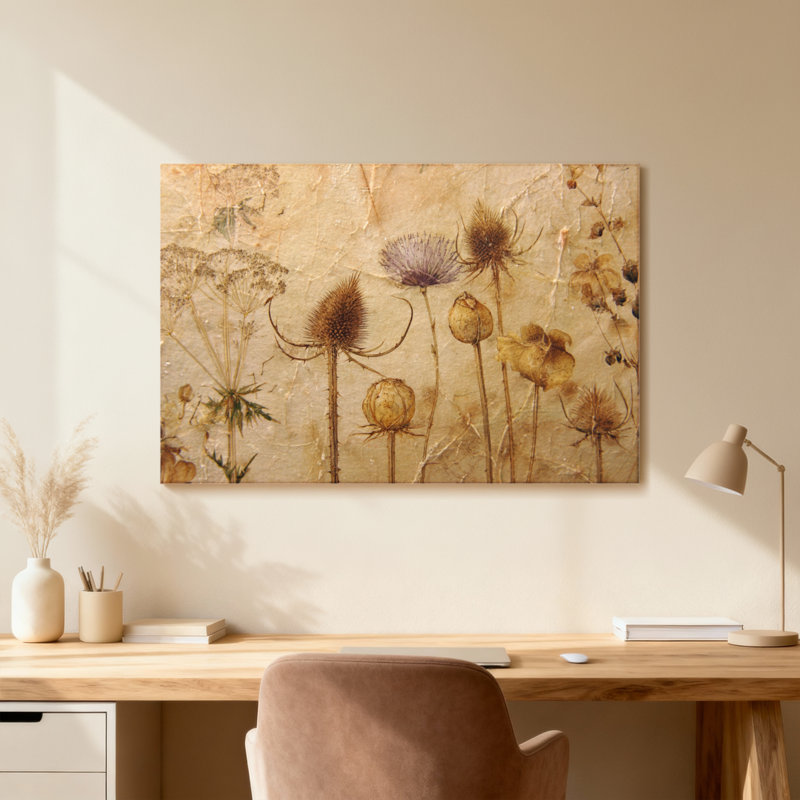 Plantes et fleurs pressées sur fond texturé, H 20 po x l 30 po, Toile tendue, Ne s’applique pas