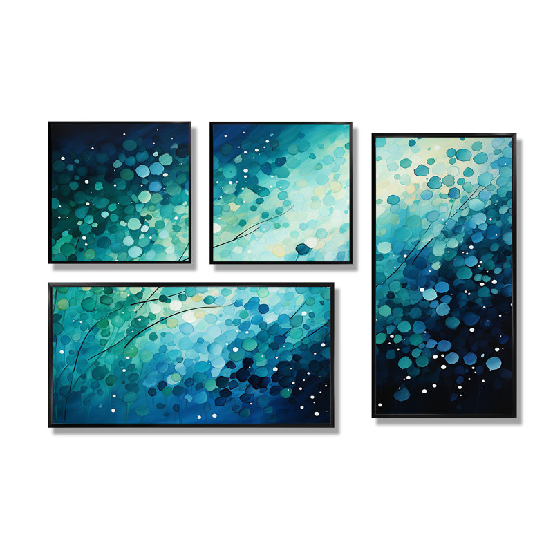 «Turquoise Tranquility», ensemble de 4 impressions murales bleu sarcelle, Noir, Impression encadrée sans passe-partout