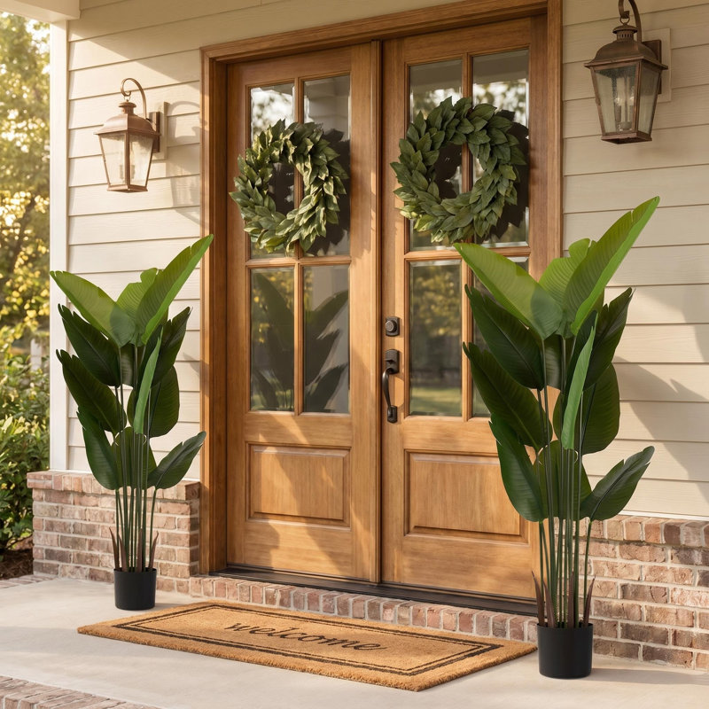 Artificial Ficus Tree Set - Realistic Indoor/Outdoor Faux Plants with Natural Wood Trunk, UV Resistant & No Maintenance (2 Pack)