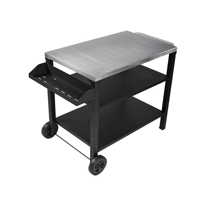 Chariot de barbecue extérieur à 3 roulettes avec plateau en acier inoxydable et tablette latérale, table de préparation barbecue mobile pour la cour arrière, conception de conception noire, cuisson de rangement améliorée, stabilité de mouvement en douceur,
