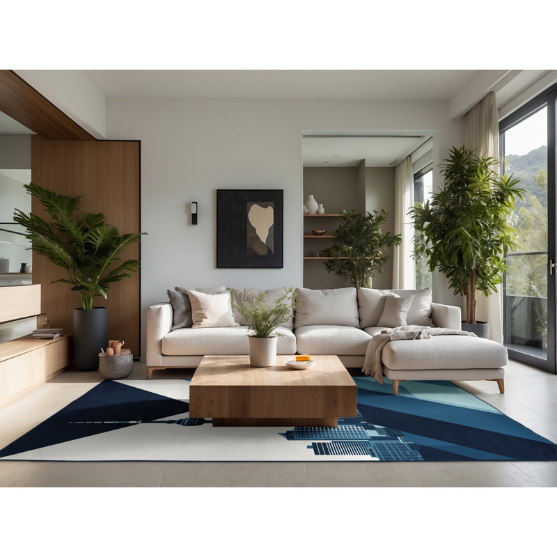 Soft Plush Rodolfo Auckland Skyline Modern & Contemporary Geometric Area Rug in Blue – Navy Binding, 6x9