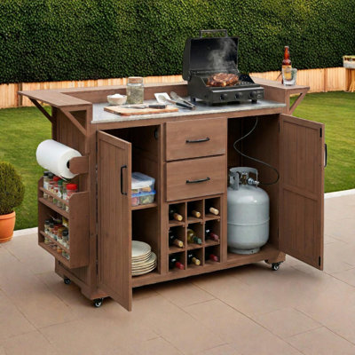 Modern 60.2''W Rolling Outdoor Kitchen Island with Wheels, Stainless Steel Top, Grill Cart with Storage