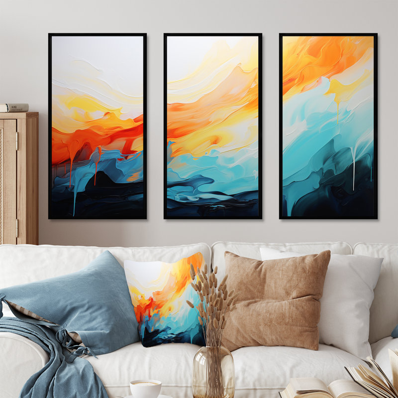 Bleu et orange, vagues abstraites colorées I - art mural abstrait, H 28 po x l 36 po x P 1 po, Cadre flottant noir