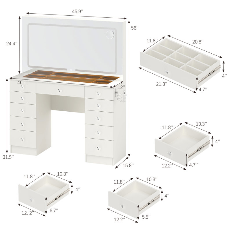 45.9" Glass Top Makeup Vanity Set with Lighted Mirror, 11 Drawers & Hair Dryer Holder, White