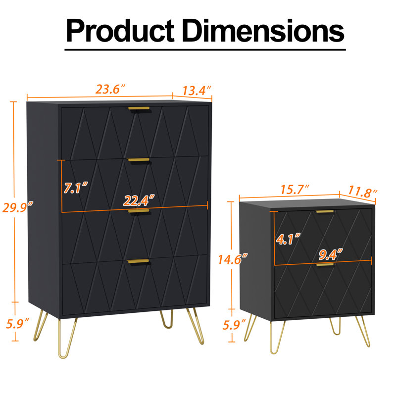 Ensemble de commode de chambre à coucher 4 tiroirs l 23,6 po avec table de chevet 2, Noir