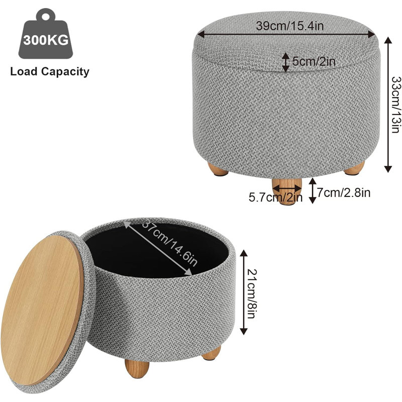 Othella 39cm Wide Round Ottoman with Storage, Gray Linen