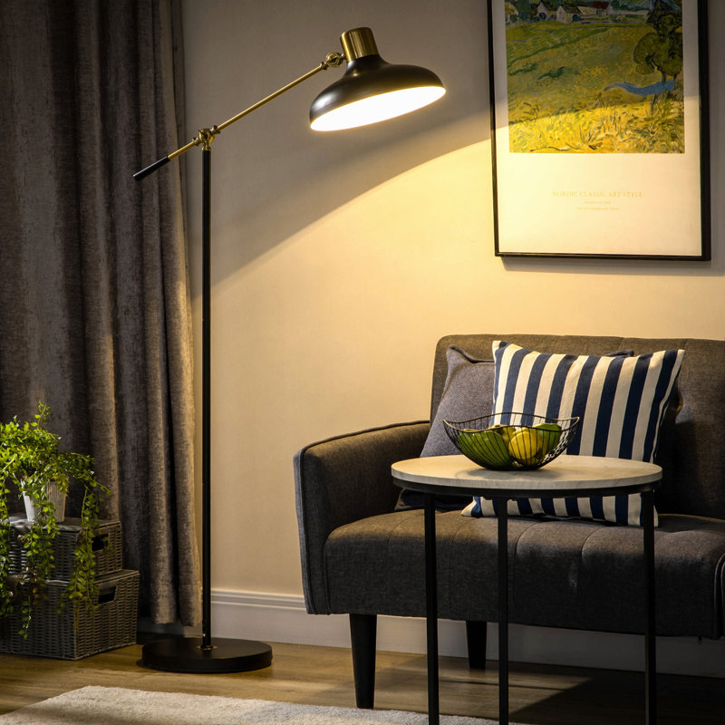 Lampe sur pied DEL en métal doré avec table d'appoint