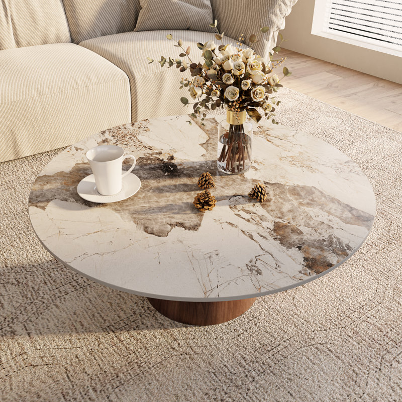 Mid-Century Modern Round Coffee Table Stone Marble Effect Wooden Pedestal Table For Living Room & Home Decor, Brown, Brown