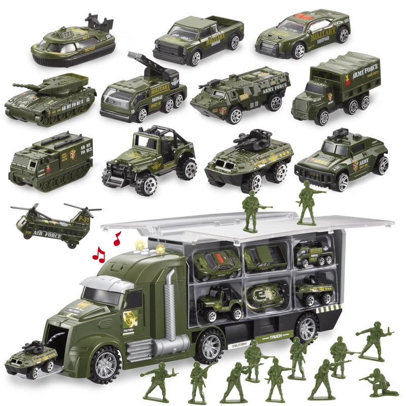 Ensemble de véhicules de jeu 25 en 1 de l'Armée militaire, véhicules avec sons et lumières dans un camion de transport, jouet de voiture à pousser, cadeaux d'anniversaire de Noël pour enfants pour les garçons de 3 4 5 6 ans