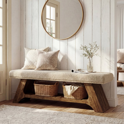 55" Solid Wood Bench with Storage Shelf, Upholstered Entryway Bench Soft Padded Bench Seating for Living Room, Bedroom
