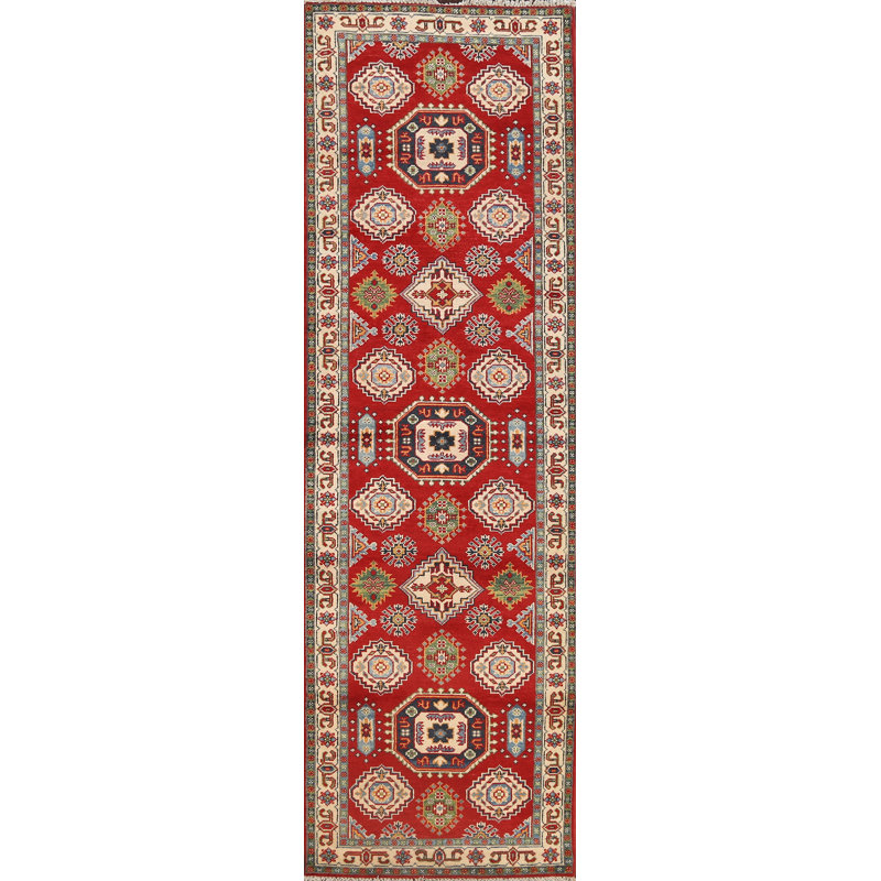 Tapis de couloir rouge / ivoire en laine noué à la main de conception unique 2 pi 8 po x 9 pi 8 po