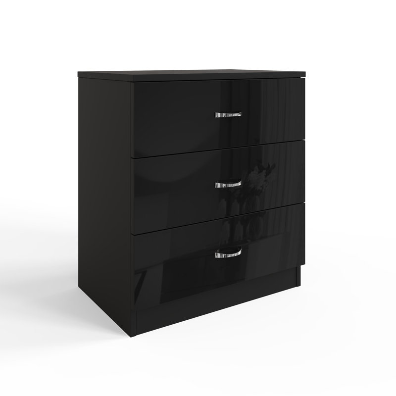 Brendle 3 Drawer Chest Of Drawers: 60cm Wide - High Gloss Front with Chrome Handles, Scratch Resistant., Black