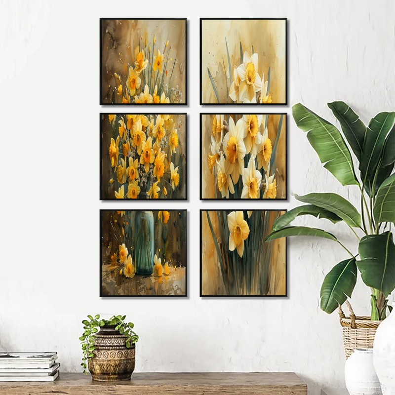 «Yellow Farmhouse Daffodils In Vase», ensemble de 6 jonquilles sur toile, Impression encadrée sans passe-partout, Noir