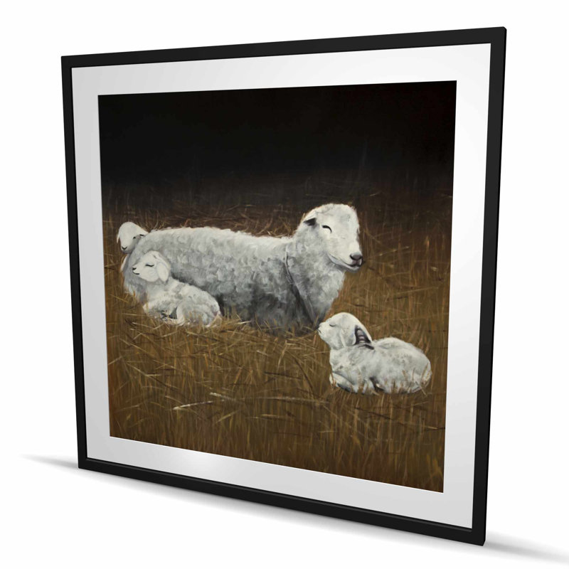 Mouton et agneaux, reproduction encadrée avec passe-partout, animaux beiges, H 48 po x l 48 po, Noir