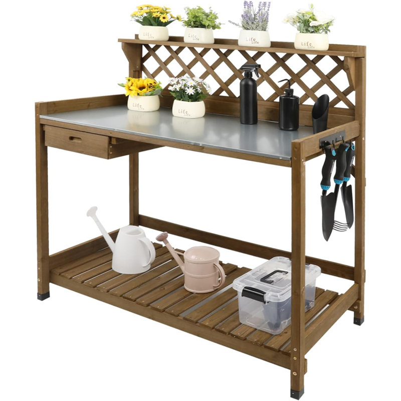 Banc de rempotage en bois pour l'extérieur - Plateau en métal galvanisé avec tablette de tiroir - Brun