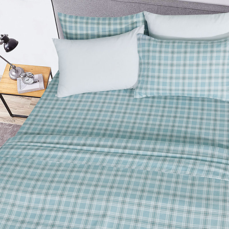 Ensemble de literie en flanelle 100 % coton, Tissu écossais vert, Ensemble de draps pour très grand lit californien