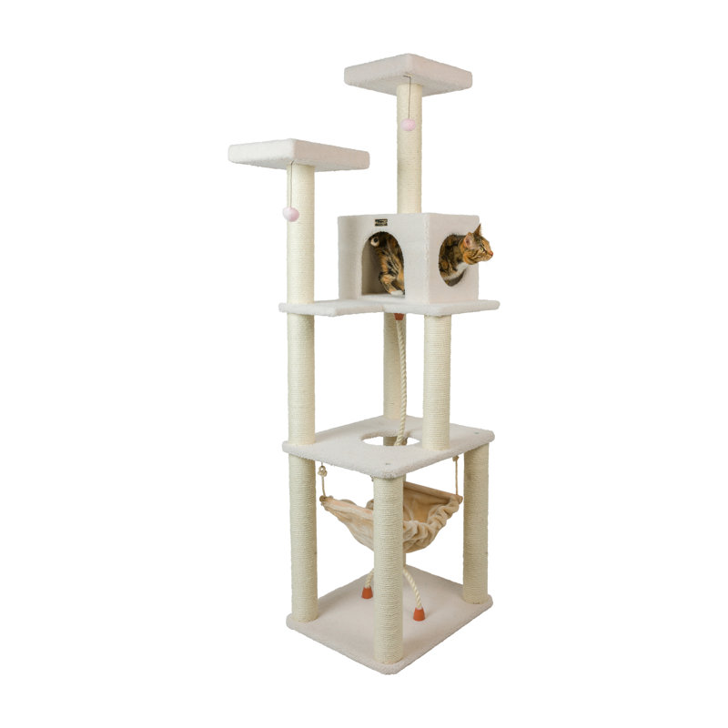 73'' Ivory Fleece Multi-Level Cat Tree with Hammock and Rope Swing