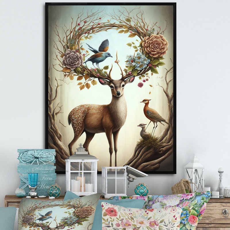 «Avalynn Deer With Blooming Antler IV», reproduction sur toile, H 20 po x l 12 po x P 1 po, Toile avec cadre flottant noir