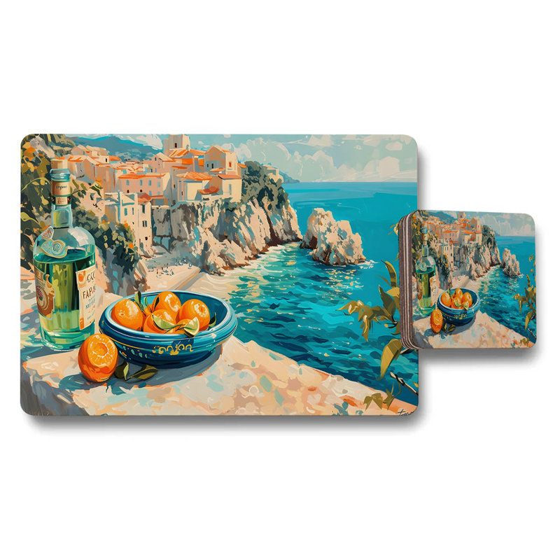 Mediterranean Coastal Placemat And Coaster Set With Citrus Motif