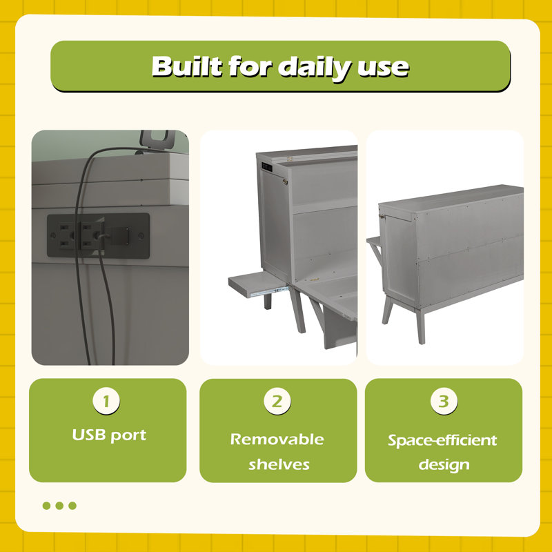 Grand lit escamotable avec port USB et tablettes amovibles de chaque côté, Gris, Grand lit