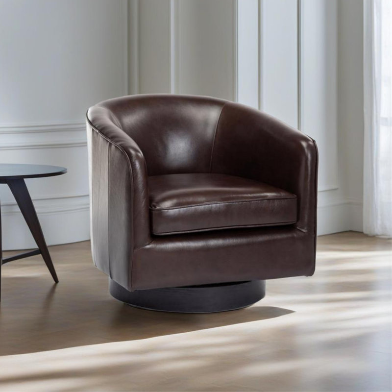 Cathy 29" Wide Top Grain Swivel Barrel Chair, Brown Faux Leather