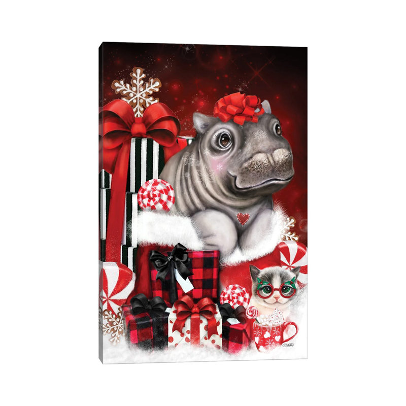 «Cute Hippo Christmas Surprise», reproduction d'art sur toile tendue, H 26 po x l 18 po, Toile tendue, Ne s’applique pas
