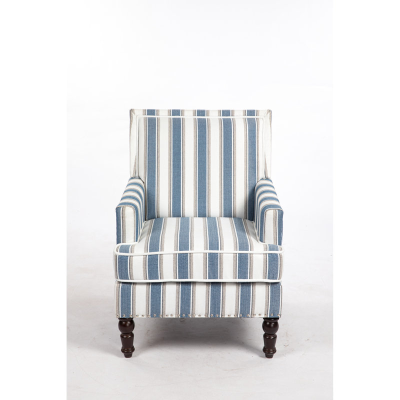 Fauteuil vintage avec revêtement en lin rayé bleu et blanc, garniture cloutée, pour le salon, design confortable et rembourré