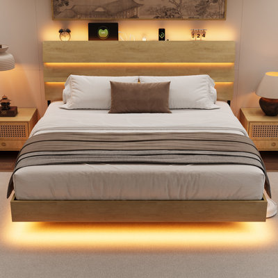  King Size Floating Bed Frame With Led And Charging Station,metal Platform Bed Frame With Storage Headboard,no Box Spring Needed,noise-free,easy To Assemble,oak