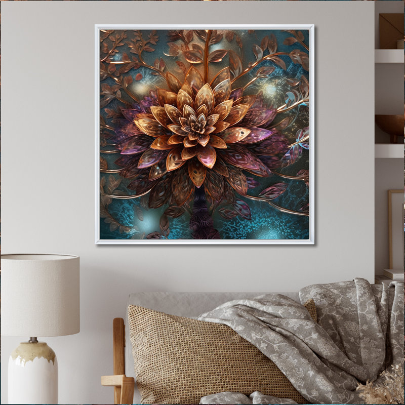 «Mysterious Retro Dahlia Flower On Turquoise I», reproduction sur toile, H 16 po x l 16 po x P 1 po, Cadre flottant blanc