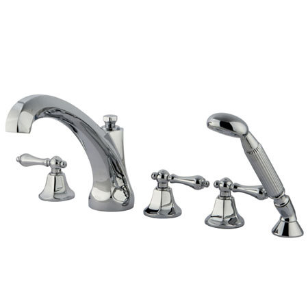 Universal Triple Handle Deck Mounted Roman Tub Faucet with Handshower, Polished Chrome