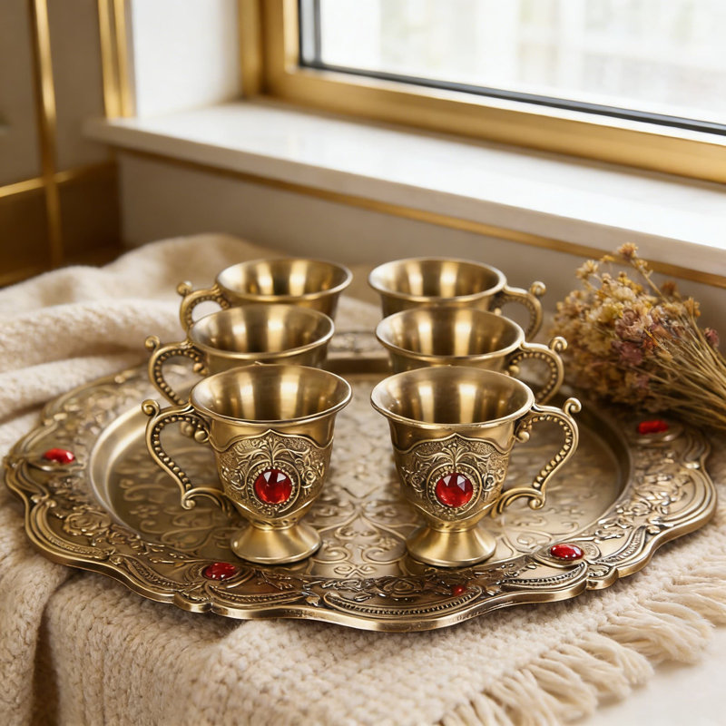 Service à thé vintage rétro avec 6 tasses et plateau de service, ensemble de cafetière en alliage de zinc avec relief exquis, service à thé rétro décoratif pour la décoration intérieure et les fêtes