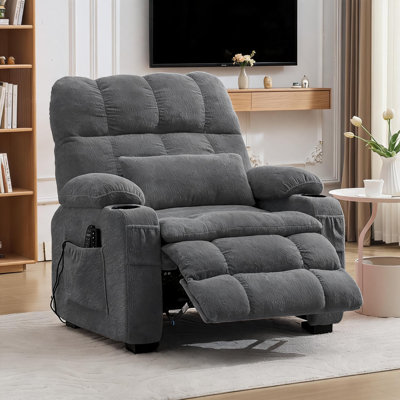 Très grand fauteuil inclinable électrique massant et chauffant, port USB et coussin lombaire de 25,6 po de largeur, gris