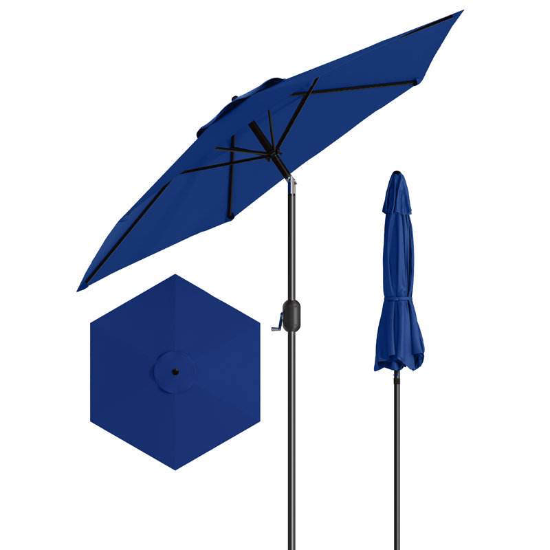 Parasol de terrasse de 2,3 m (7,5 pi), toile imperméable anti-UV, mât en acier et manivelle d'inclinaison | Structure robuste à 6 baleines, ventilation double, démontage facile et rangement compact