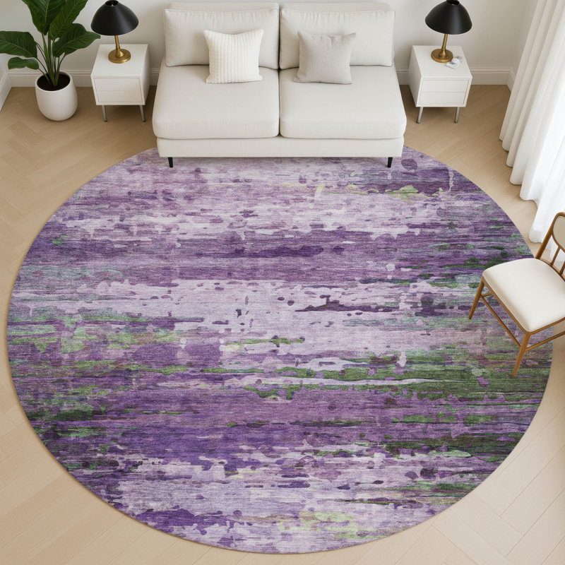Premium Machine Washable Mayfield AMF2035 Abstract Rug, 8' Round, Purple