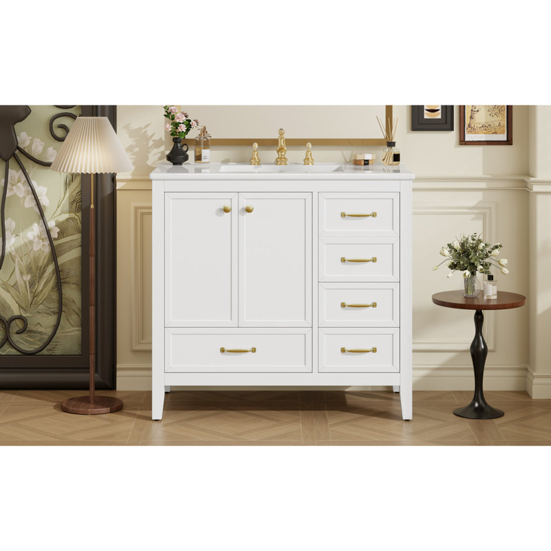 Meuble-lavabo 36 po avec lavabo en céramique, structure en pin massif, finition blanche, tiroirs, solution de rangement multi pour 36 po en blanc