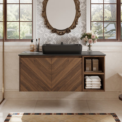 36'' Single Bathroom Vanity with Cabinet, Floating Bathroom Storage Cabinet with Black Ceramic Basin