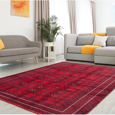 Tapis décoratif en laine rouge de conception unique 6 pi 3 po x 9 pi 11 po Cavari noué à la main New Age